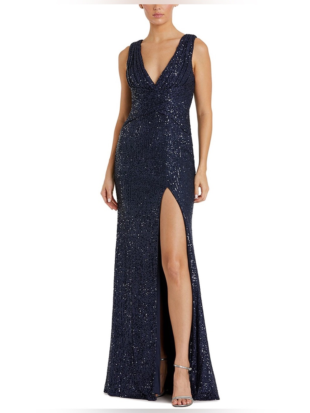 Mac Duggal Midnight Blue Sleeveless Sequin V-Neck Evening Gown with Front Slit